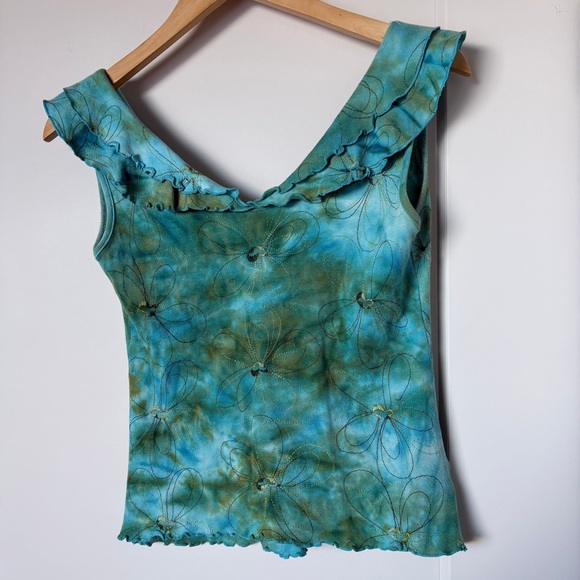 Y2K 2000s Floral Ruffle V-Neck Crop Tank Top – Turquoise Tie-dye – 90s RomCom - Picture 2 of 9